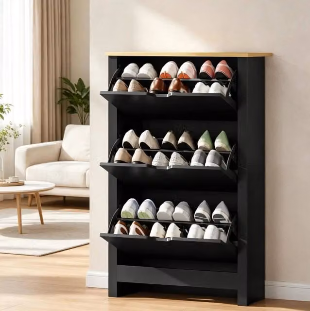 Scarpiera moderna a 3 ante a ribalta in MDF nero, L: 72 cm, P: 26 cm, H: 112 cm