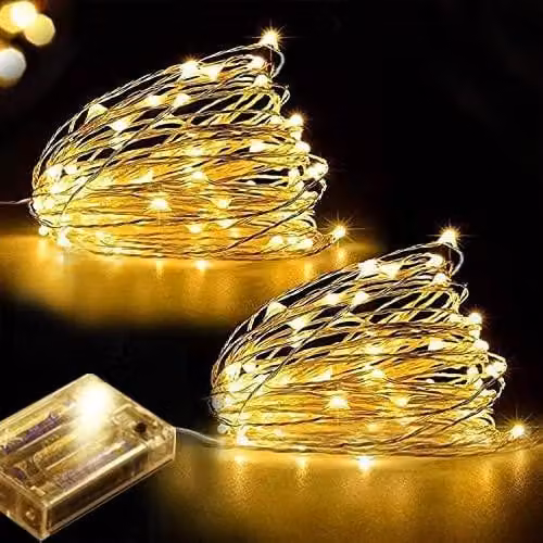 Set di due catene luminose a LED, lunghezza 5 metri, 50 LED bianco caldo, alimentazione a batteria