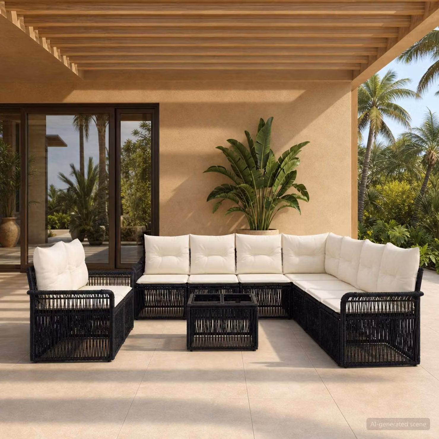 Set Divano da Giardino vidaXL 10 Pezzi Moderno a Forma di L con Cuscini e Tavolino Nero
