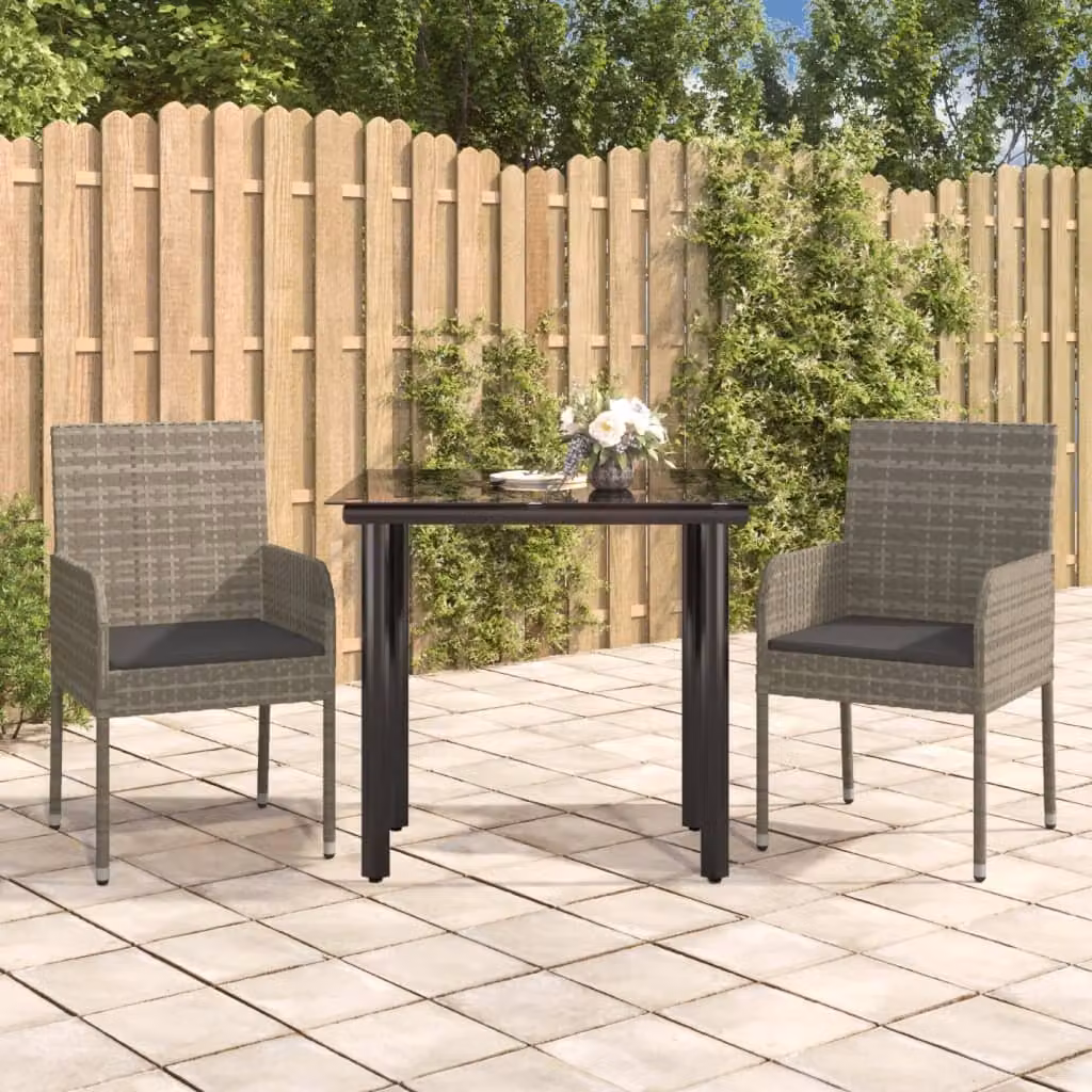 The Living Store Set da pranzo da giardino in 3 pezzi con cuscini in poly rattan nero e grigio