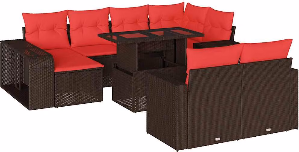 Set Divani da Giardino 11 pz con Cuscini Marrone in Polyrattan