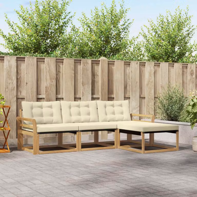 Set di divani da esterno vidaXL a forma di L composto da 4 pezzi in legno di acacia con cuscini in tessuto beige e bianco