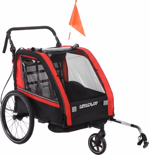 AIYAPLAY Rimorchio Bici per Bambini 2 in 1 e Passeggino a 2 Posti con Manubrio Regolabile e Freno a Mano, Rosso – 1
