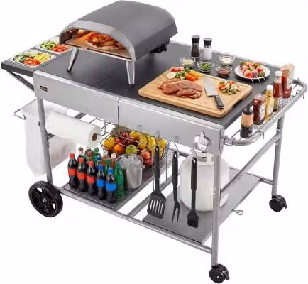 Carrello da cucina e barbecue VEVOR in metallo grigio opaco con ruote, ideale per esterno e giardino, L/P/H: 136,0 x 76,0 x 79,0 cm