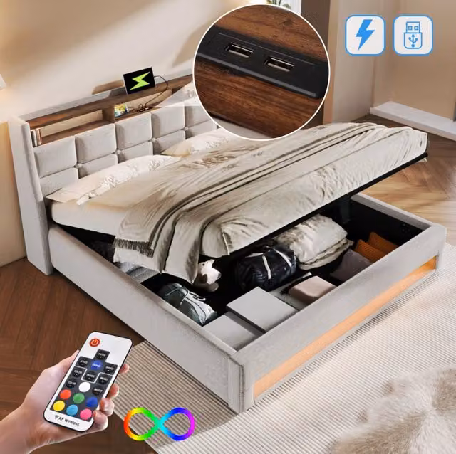 Letto imbottito 140x200cm con LED e porte USB, struttura in lino color beige chiaro senza materasso