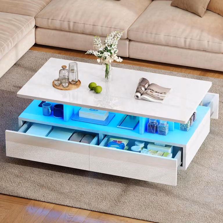 Tavolino moderno con finitura lucida, illuminazione a LED, ripiano e 4 cassetti, dimensioni 90x55x41,1 cm, colore bianco