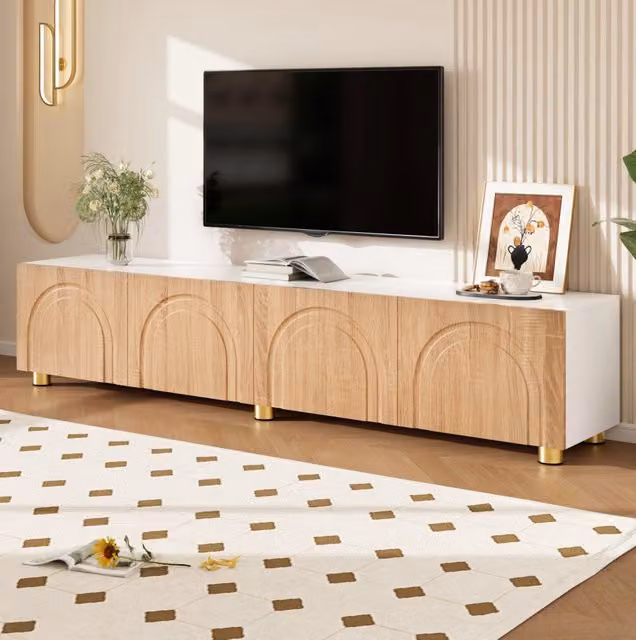 Mobile TV ULEVR 180x35x40 cm con 4 ante a rilievo ad arco e piedini in metallo, naturale e bianco