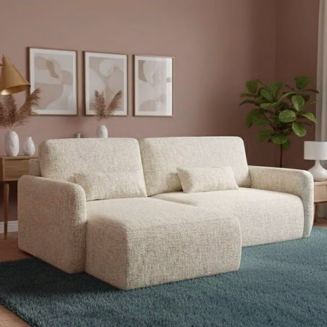 Pagno Divano Letto a L con Penisola Contenitore, Rivestimento in Tessuto Beige Chiaro, L/P/H: 207 x 148 cm – 1