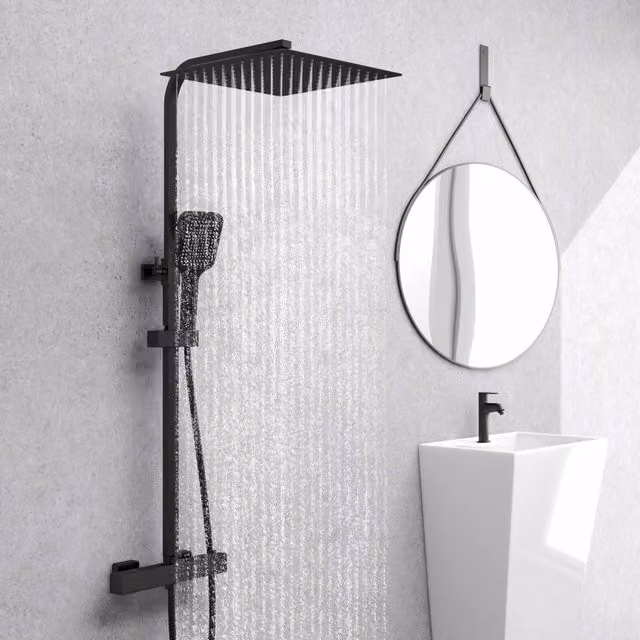 AICA ITALY Sistema Doccia con Miscelatore Termostatico, Soffione Rain e Doccetta, Acciaio Inox, Nero Opaco, Altezza Regolabile: 73-115 cm, Soffione: 30 x 30 cm