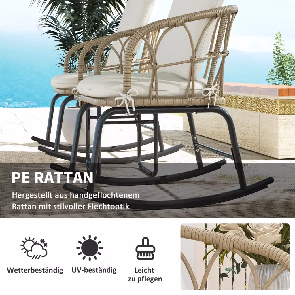 Set di 3 pezzi composto da poltrone a dondolo in rattan e tavolino in vetro con struttura in metallo REDOM colore giallo e beige in stile boho per giardino, balcone o terrazza – 2