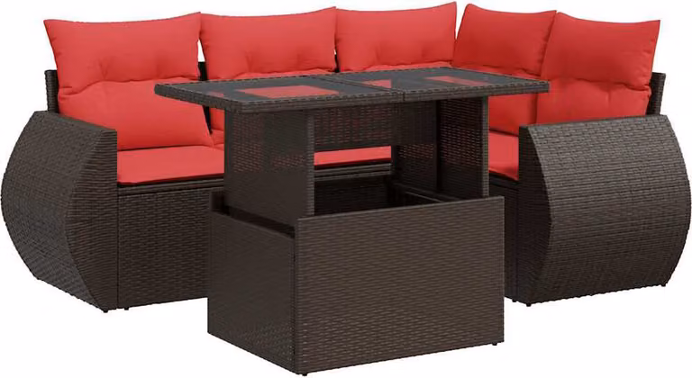 Set Divano da Giardino 5 pz Cuscini Marrone Polyrattan e Acacia