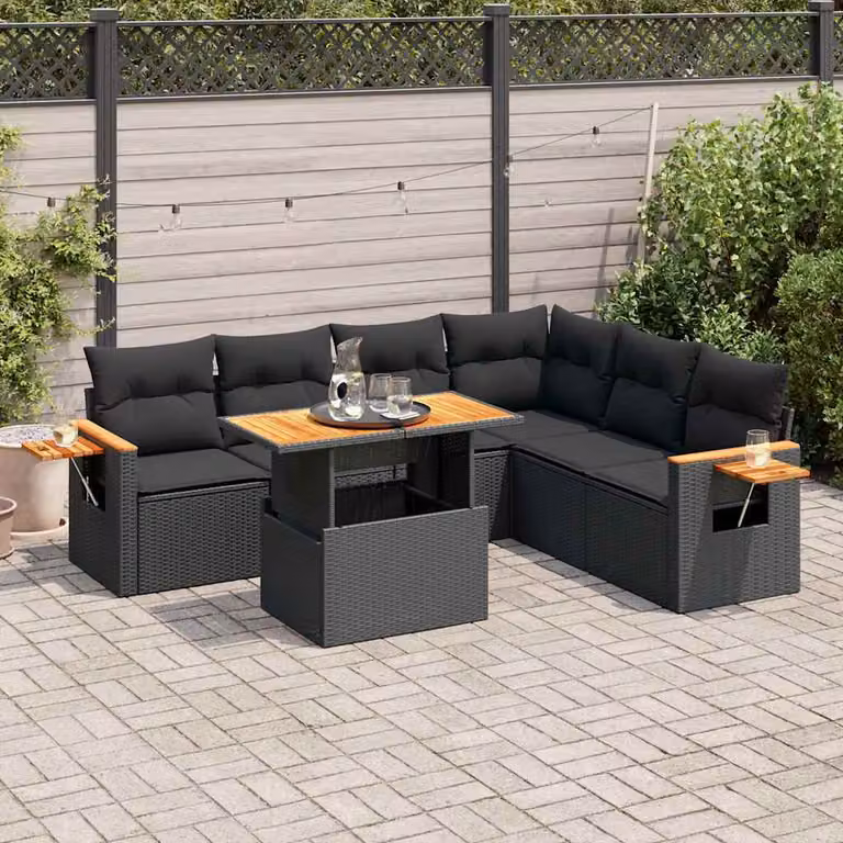 Maison Exclusive - Set Divani da Giardino con Cuscini 7pz Nero Polyrattan Acacia