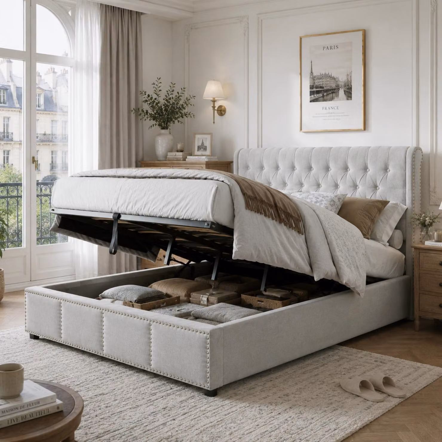 Letto imbottito 140 x 200 cm con rivestimento in cotone e lino e contenitore a sollevamento idraulico – Struttura del letto con dettagli in metallo sul piede e sulla testiera, letto contenitore