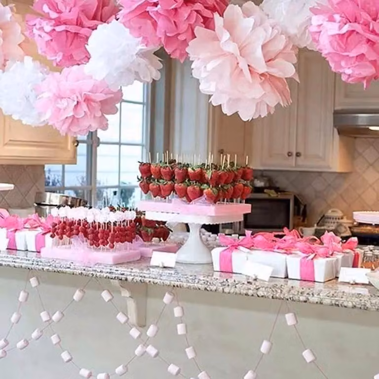 Pomponi e fiori di carta per decorazioni festive - 12 pezzi di decorazioni in carta velina rosa per compleanni, matrimoni e feste