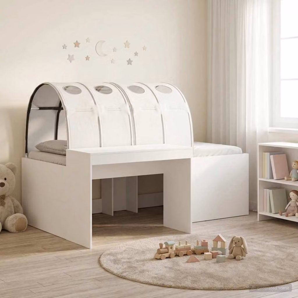 Letto singolo per bambini con tunnel vidaXL, colore bianco, in legno ingegnerizzato, L: 120 cm, P: 203 cm, H: 133,5 cm