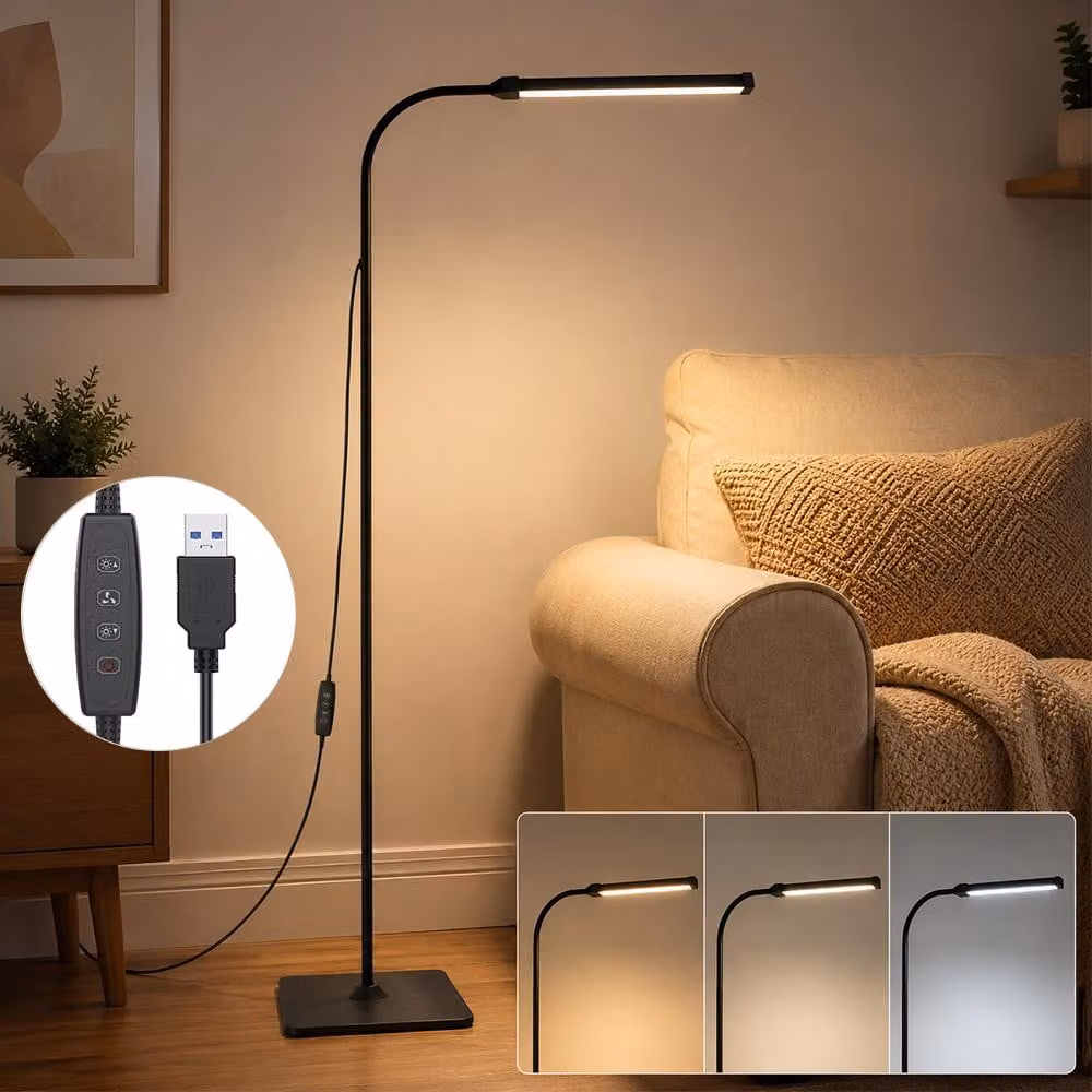 Lampada da terra a LED dimmerabile per soggiorno, 140 cm, regolabile in altezza, lampada da lettura, base flessibile a collo di cigno, lampada da comodino angolare con USB