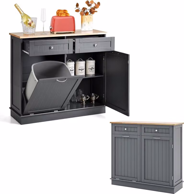 KOMFOTTEU: mobile da cucina con sportello scorrevole, credenza con supporto per bidoni della spazzatura da 42 litri, mobile multiuso in legno con 2 cassetti, cassettiera da cucina con contenitore per rifiuti 100x35x90,5 cm (grigio)
