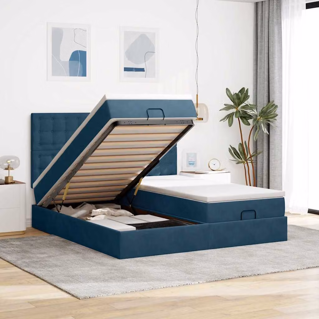 Letto con contenitore a sollevamento vidaXL in velluto blu e bianco con porta USB e illuminazione sottostante L/P/H: 203 x 160 x 128 cm