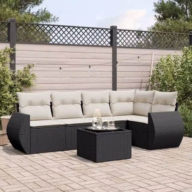 Set Divano da Giardino 6 pz con Cuscini Nero in Polyrattan 3221335