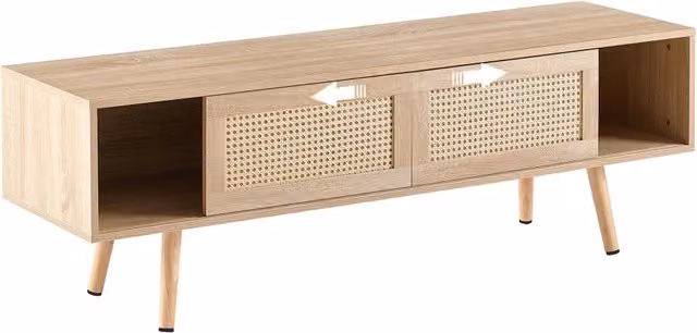 Mobile TV in Rattan con Ante Scorrevoli, Ripiani Regolabili e Gambe in Legno Massello, H45 x L140 x P40 cm, Finitura Naturale