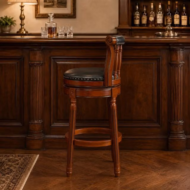 Sgabello da bar 55.0x55.0x34.0 cm girevole 360° con schienale in pelle e legno blu