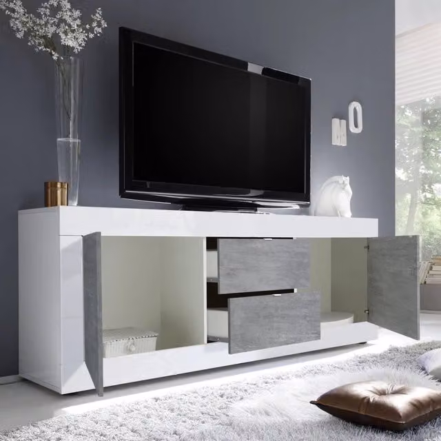 Sinello, Mobile Porta tv 2 Vani, 210x43x65h cm Bianco Lucido