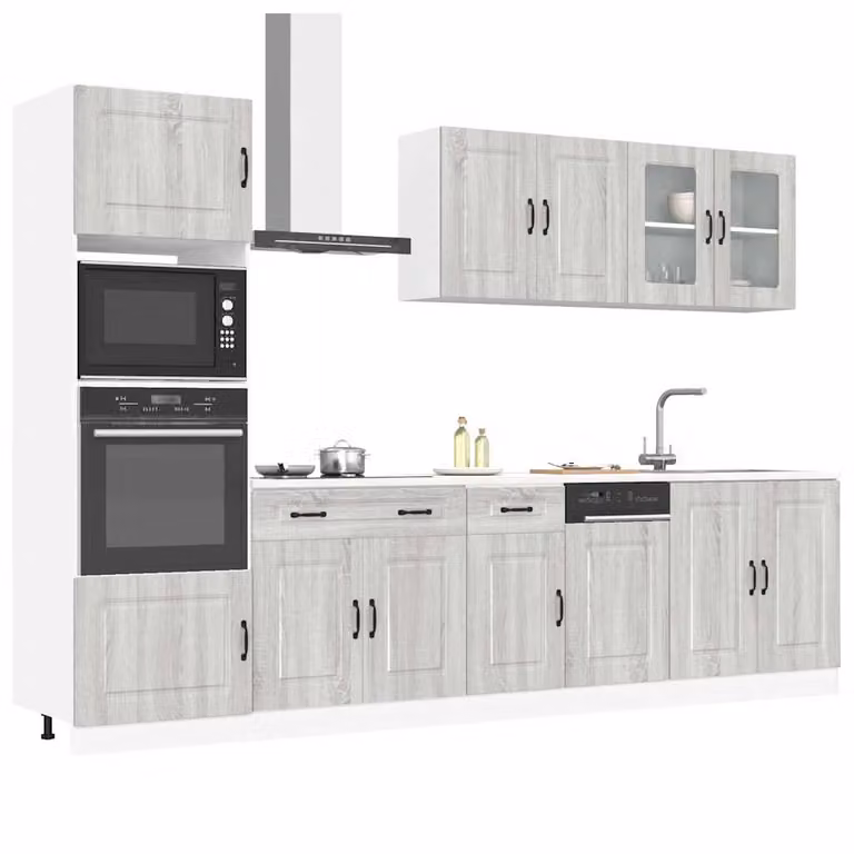 Set di mobili da cucina moderno vidaXL Kalmar composto da 7 pezzi in colore grigio con ante in vetro e ripiani interni