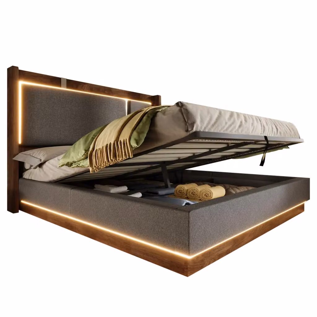Letto Contenitore con Testiera Imbottita e Illuminazione LED in Lino Grigio e Noce L/P/H: 140 x 190 cm – 2
