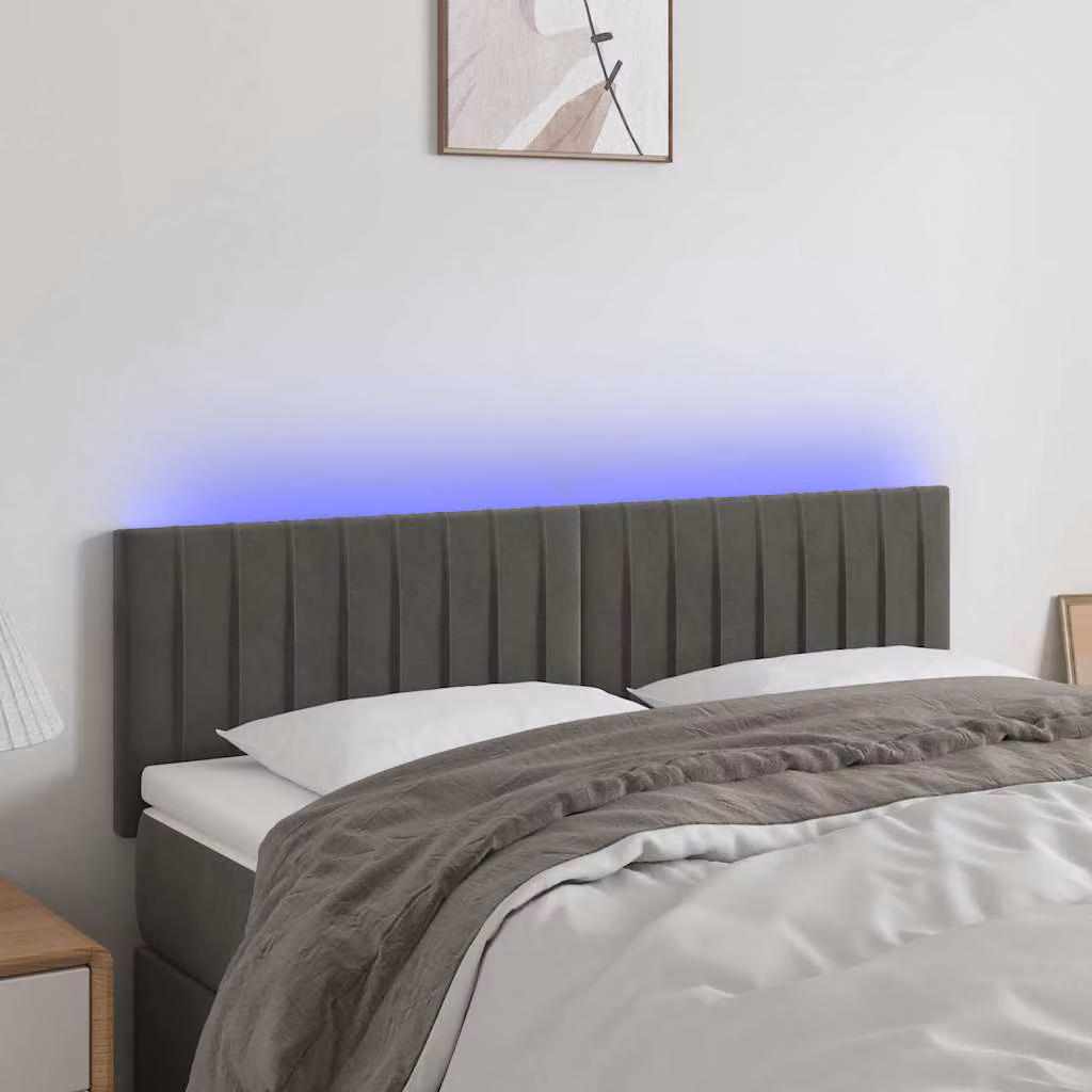 Testiera per letto vidaXL in velluto grigio scuro con illuminazione LED e porta di ricarica USB, L: 144 cm, P: 5 cm, H: 78-88 cm
