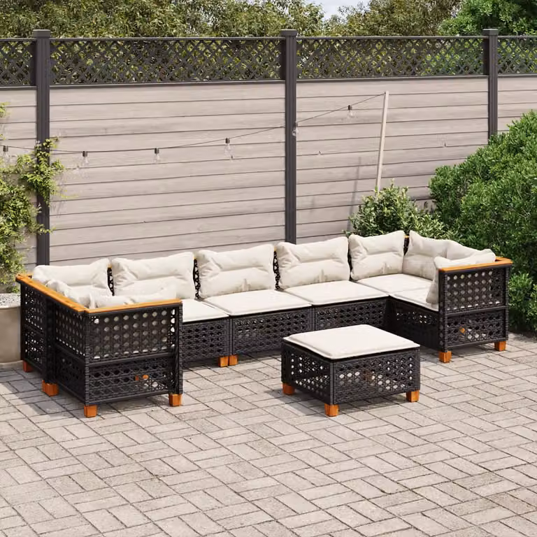 Set di divani da giardino vidaXL in polyrattan nero con cuscini e pouf 8 pz