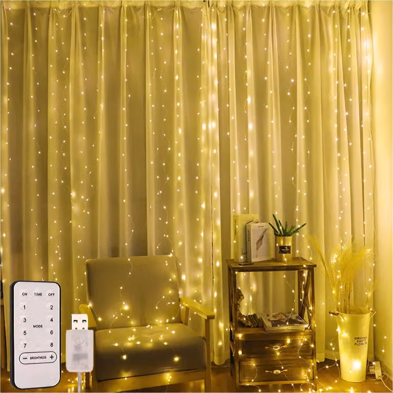 Tenda luminosa a LED, 3x3 metri, 300 LED bianco caldo, 8 modalità, alimentazione USB