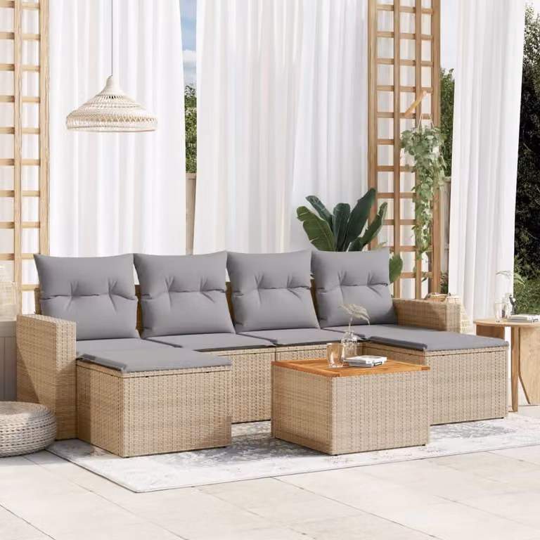 vidaXL Set Divano da Giardino 7 pz in Polyrattan con Cuscini Beige e Grigio