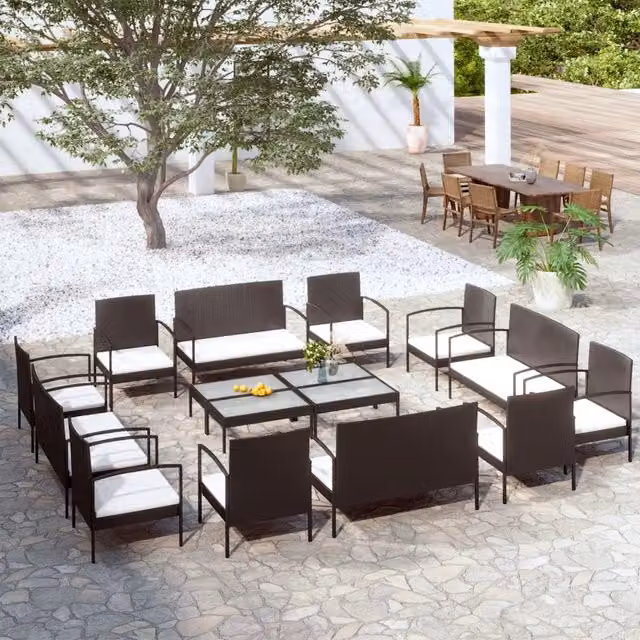 Set di Divani da Giardino vidaXL a Forma di U con Cuscini, Tavolino e Poltroncine in Polyrattan e Metallo, Nero e Bianco