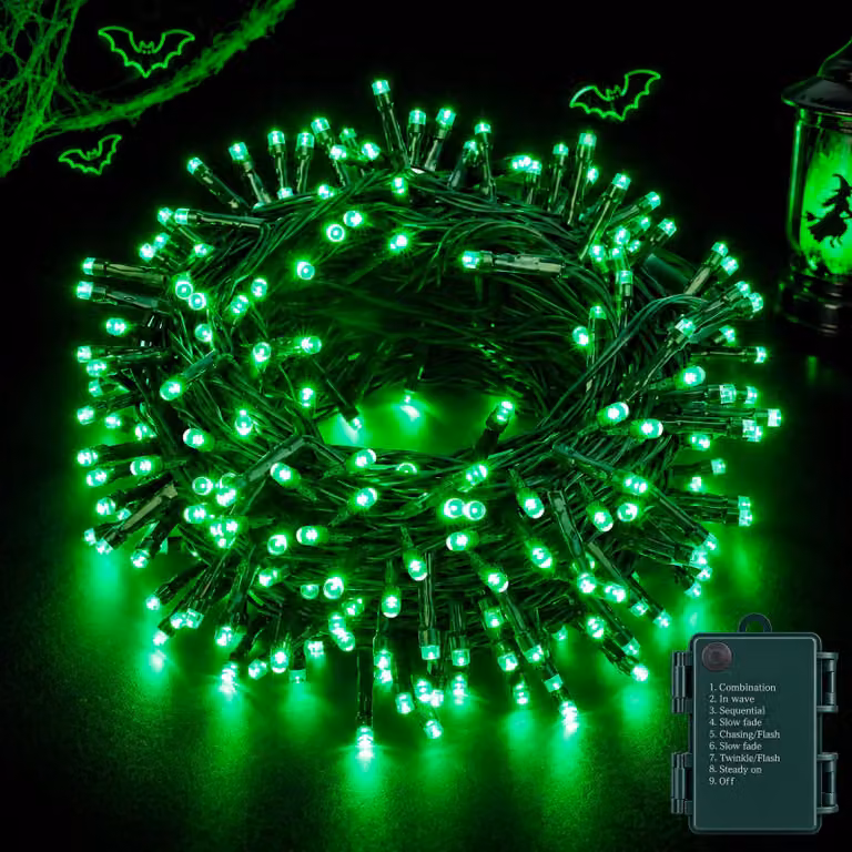 Catena luminosa a LED, 10 metri, 100 LED verdi, alimentazione a batteria, grado di protezione IP44