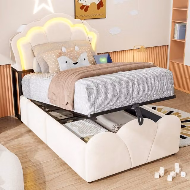 Letto imbottito beige 90x200 cm in velluto con contenitore idraulico e LED