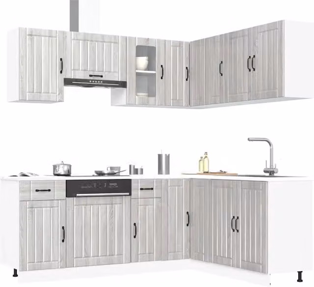 Set di mobili da cucina moderno vidaXL in legno e vetro, colore grigio, con ante a cerniera e scaffali aperti