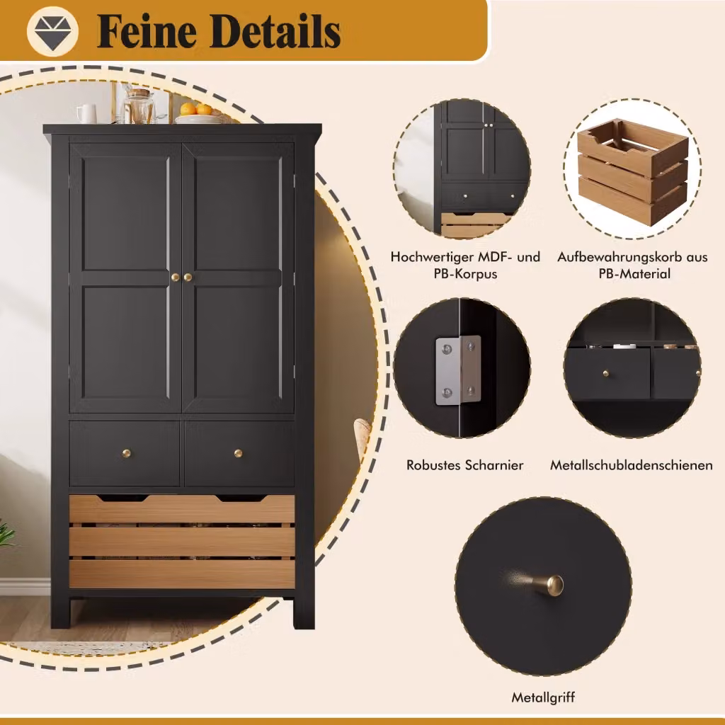 Armadio Dispensa REDOM Nero con 2 Ante e 5 Cassetti L/P/H: 80 x 40 x 140 cm – 2