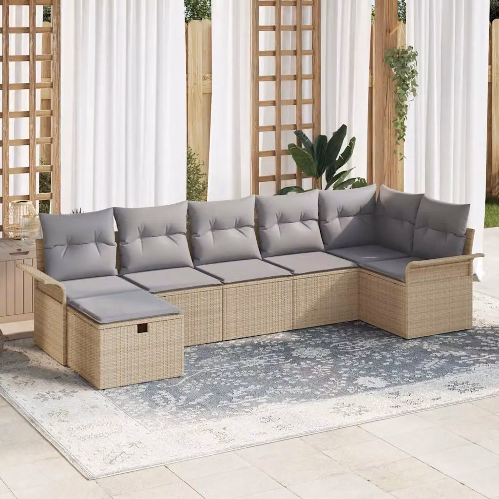 Set Divano da Giardino vidaXL 7 Pezzi a Forma di L in Polyrattan con Tavolino e Cuscini Beige e Grigio – 1