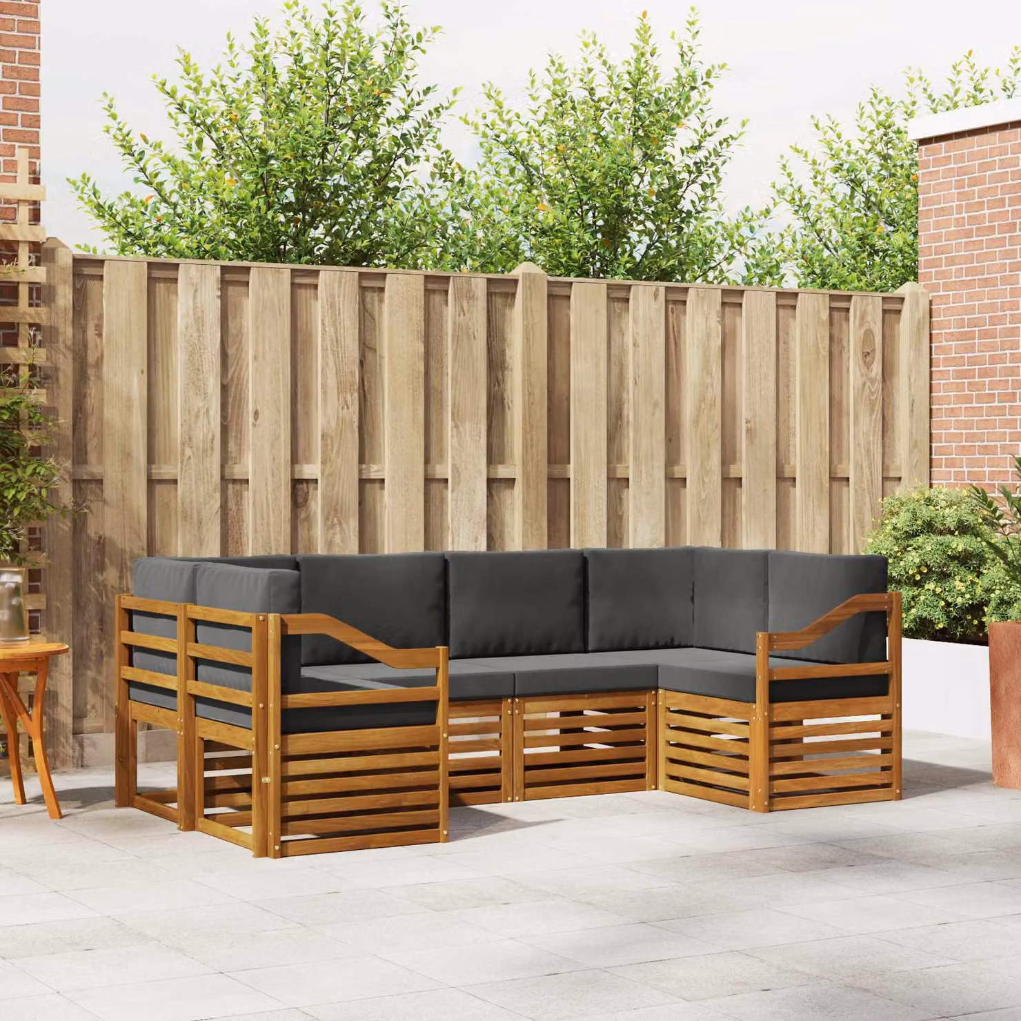 Set di divani da esterno vidaXL a forma di L composto da 6 pezzi in legno di acacia con cuscini in tessuto beige e antracite