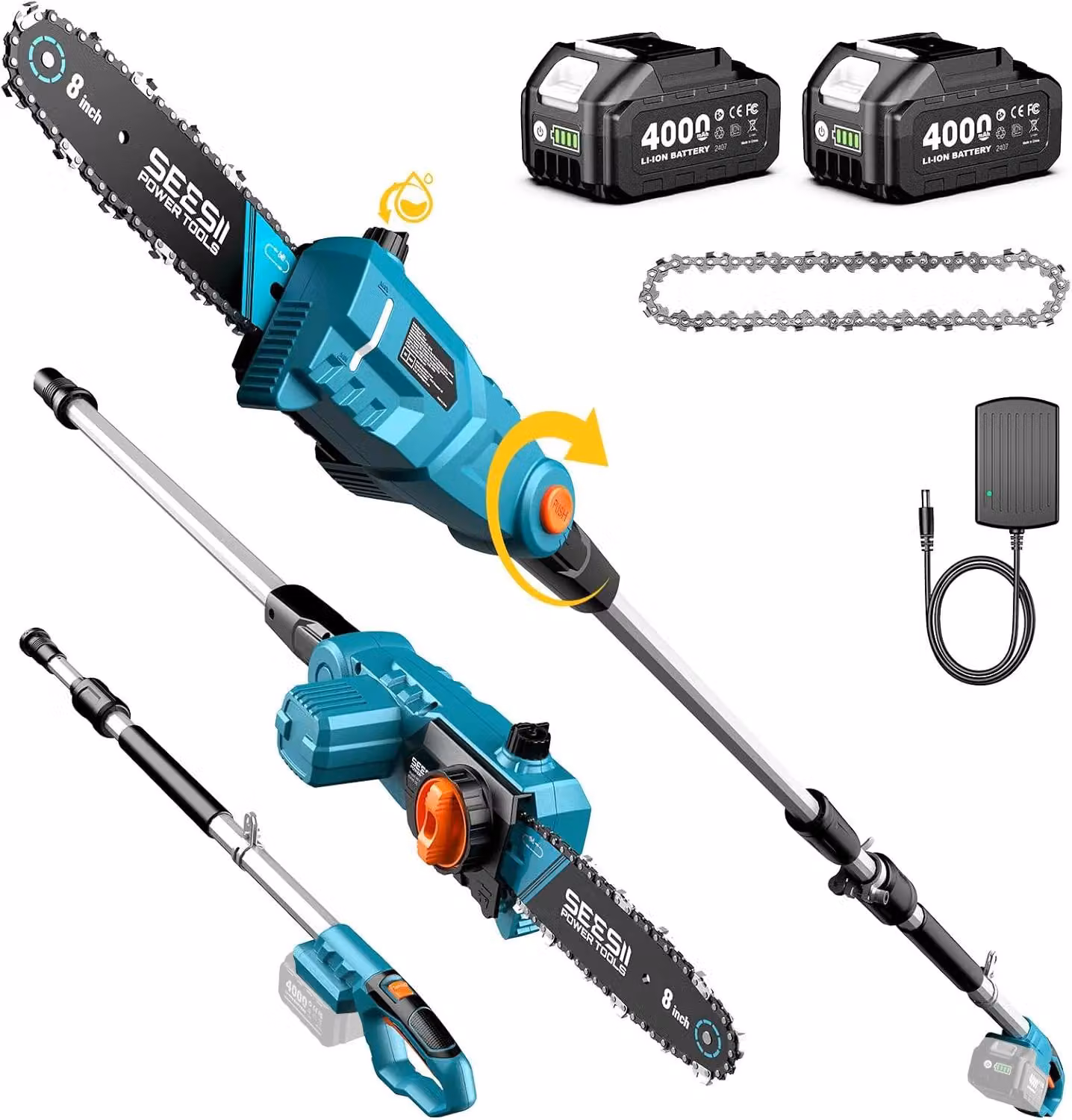 Troncatrice a batteria - Motosega elettrica - Lame da 20,3 cm - Barra telescopica da 2,5 metri - Motore brushless - 2 batterie da 4 Ah