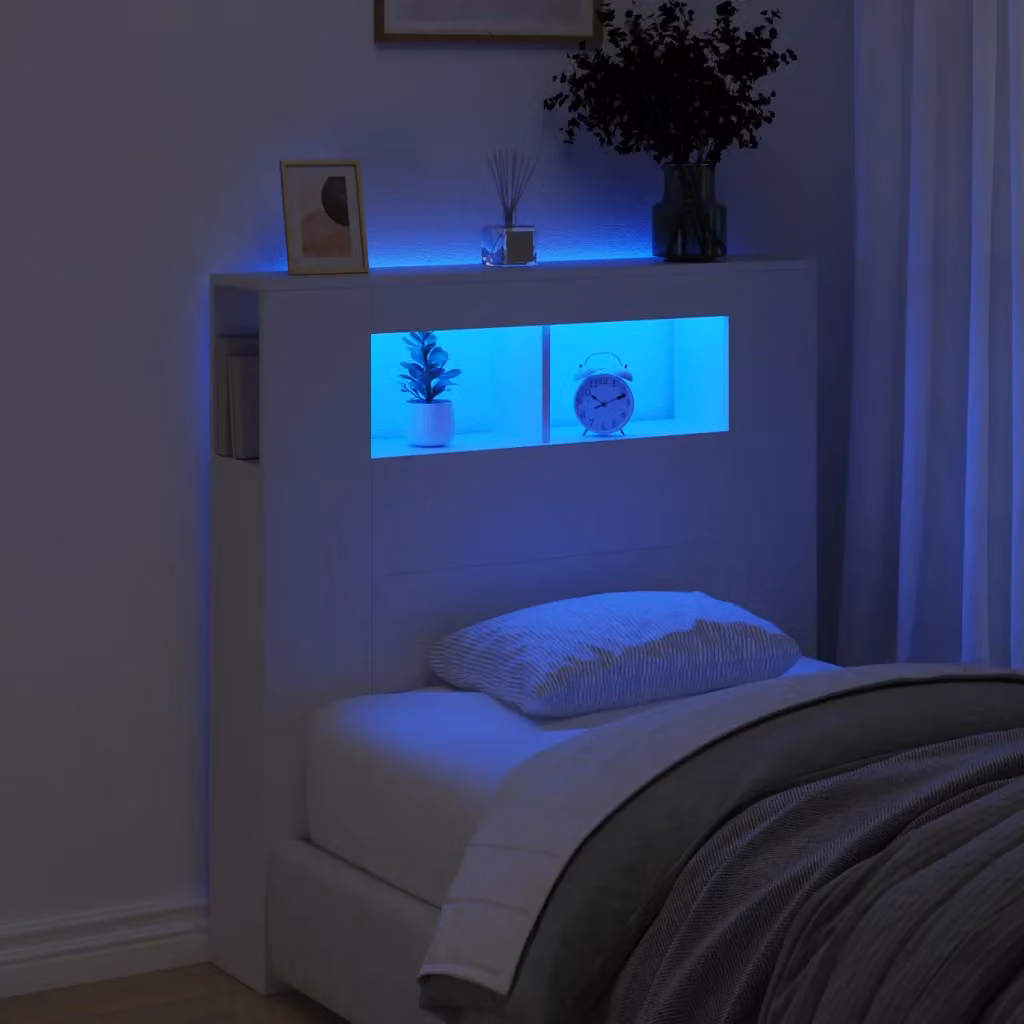 Testiera per letto con LED e porta USB vidaXL in legno multistrato bianco, L: 100 cm, P: 18,5 cm, H: 103,5 cm