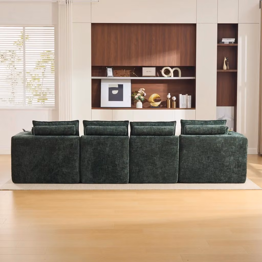 Divano modulare a L da 4 posti OKWISH in tessuto verde con cuscini, ideale per il tuo soggiorno, L/P/H: 322 x 161 x 75 cm – 2