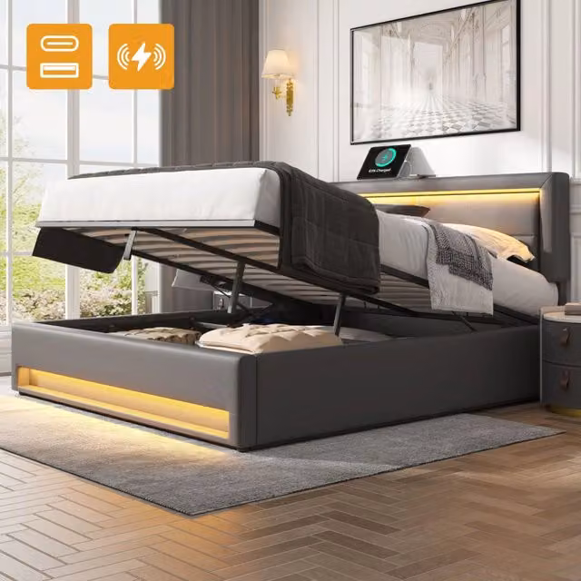 Letto imbottito 140x190 cm in PU litchi con porta USB (ricarica wireless e filare), LED e contenitore - Grigio, senza materasso