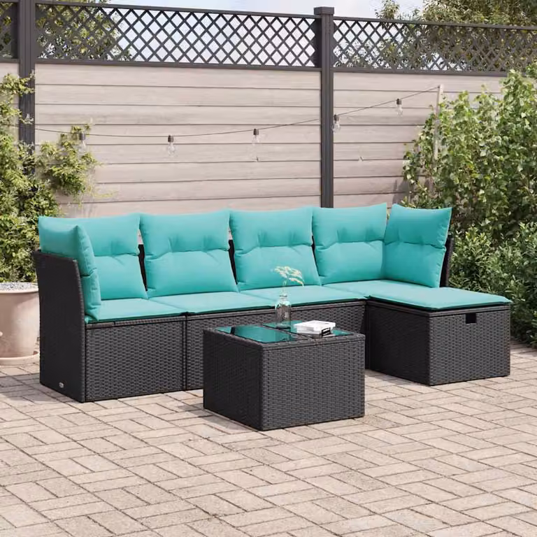 Set Divano da Giardino vidaXL 6 pz a L con Cuscini, Tavolino e Ottoman, Polyrattan e Metallo, Nero