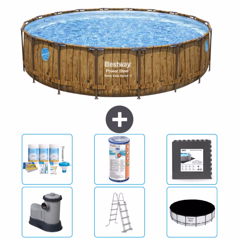 Piscina Bestway Round Power Steel Swim Vista - stampa su legno - 549 x 122 - compresa pompa - scaletta - copertura pacchetto manutenzione - filtro - piastrelle per pavimento