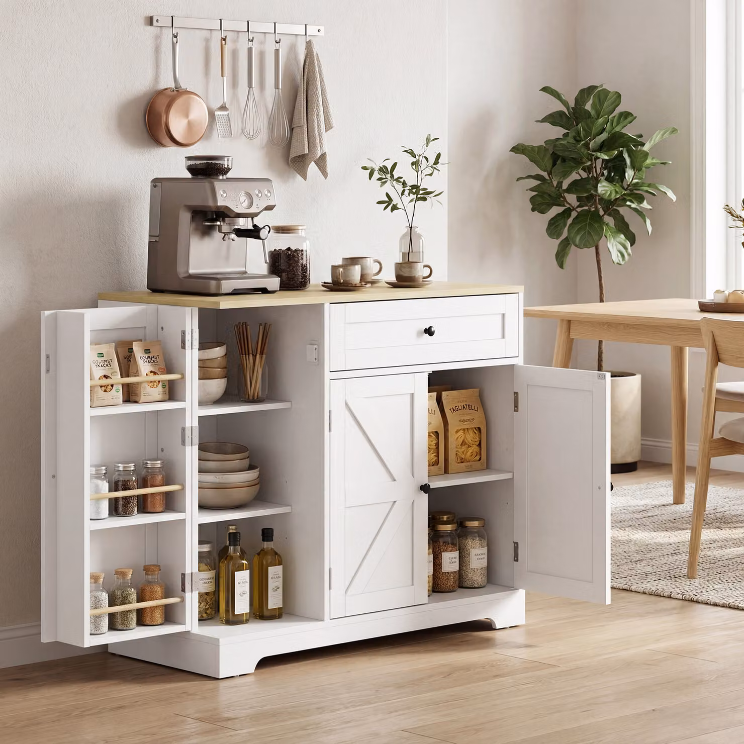 Credenza da cucina HOMCOM con ante scorrevoli, 1 cassetto e 2 ripiani regolabili, Bianco, L: 100 cm, P: 40 cm, H: 81 cm – 2