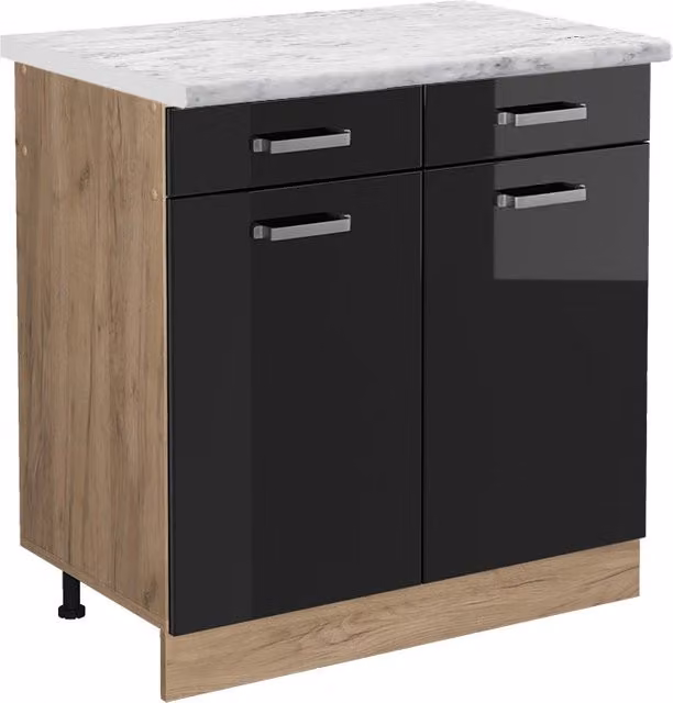 Mobiletto base per cucina R-Line Nero lucido/Rovere dorato 80 cm PL Marmo Vicco