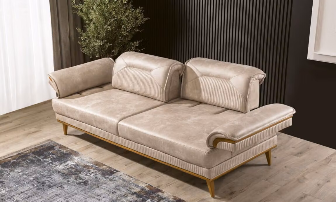 Designer Beiger 3-Sitzer Wohnzimmer Sitzcouch Luxuriöse Textil Sitzmöbel