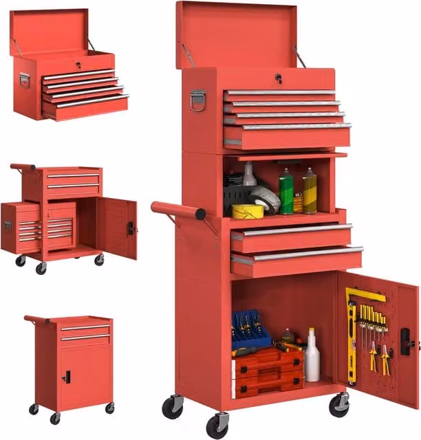 Carrello Porta Attrezzi in Acciaio Rosso con 6 Cassetti, 2 Armadi, Pannello Forato, Serratura e Ruote