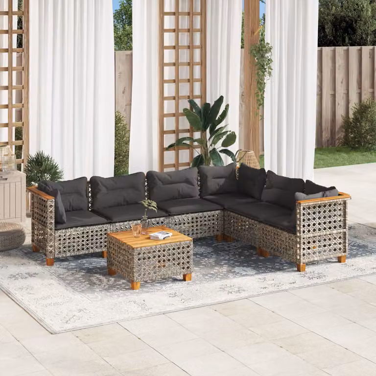 Set di divani da giardino vidaXL in polyrattan grigio con cuscini e tavolino da esterno 7 pezzi